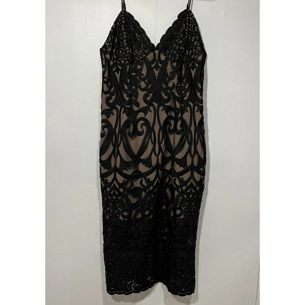 Bardot Sheath Dress Womens 10 Midi Black Lace‎ V-Neck Lined